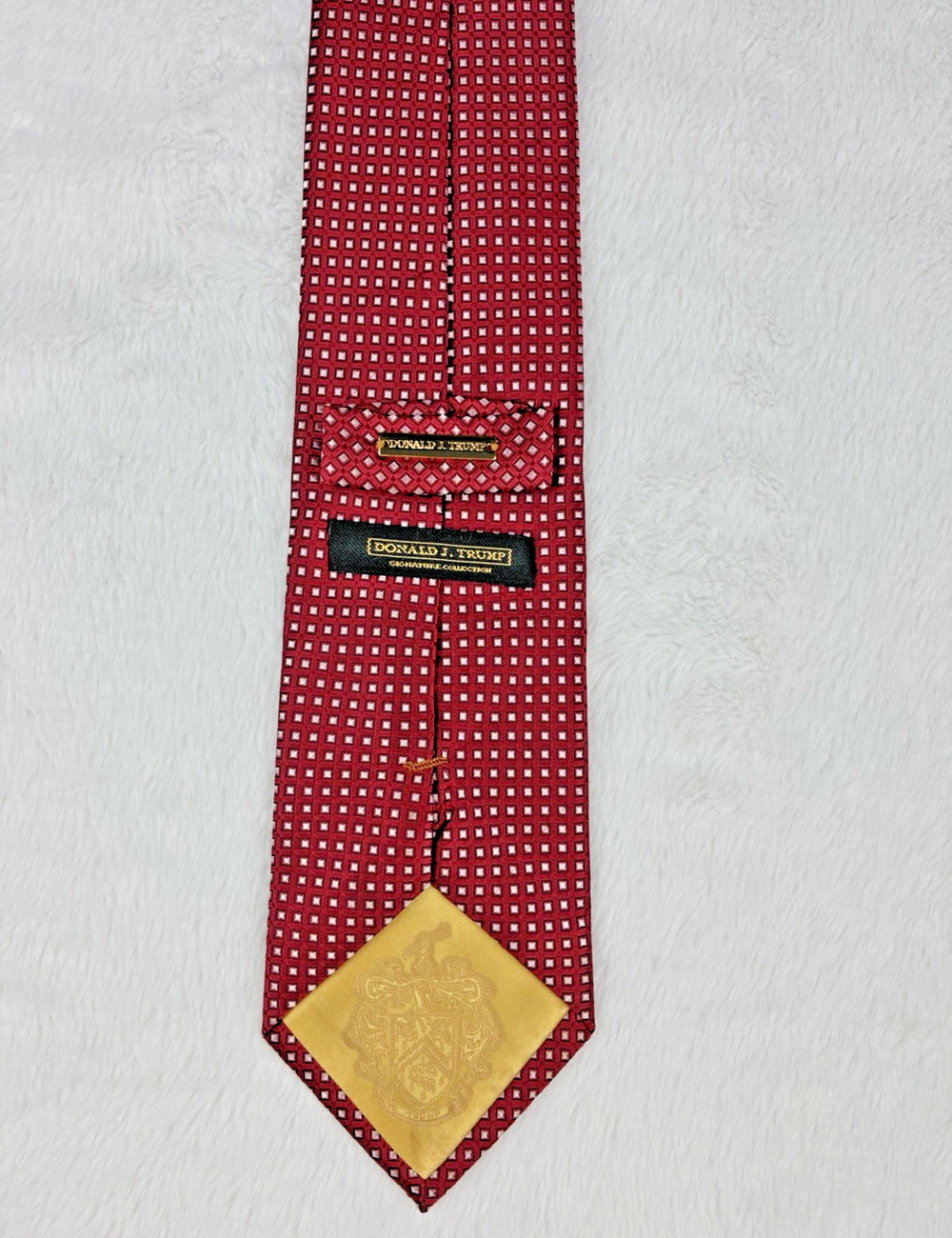 Donald J Trump Signature Collection Red Geometric Necktie Gold Crest Men’s Tie
